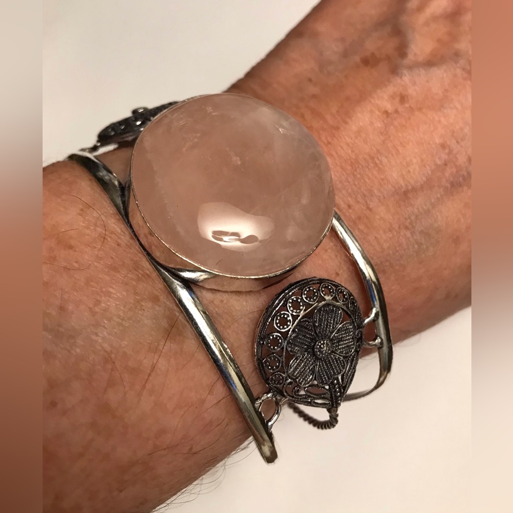 Rose Quartz Stamped 925 Sterling Silver Cuff Bracelet